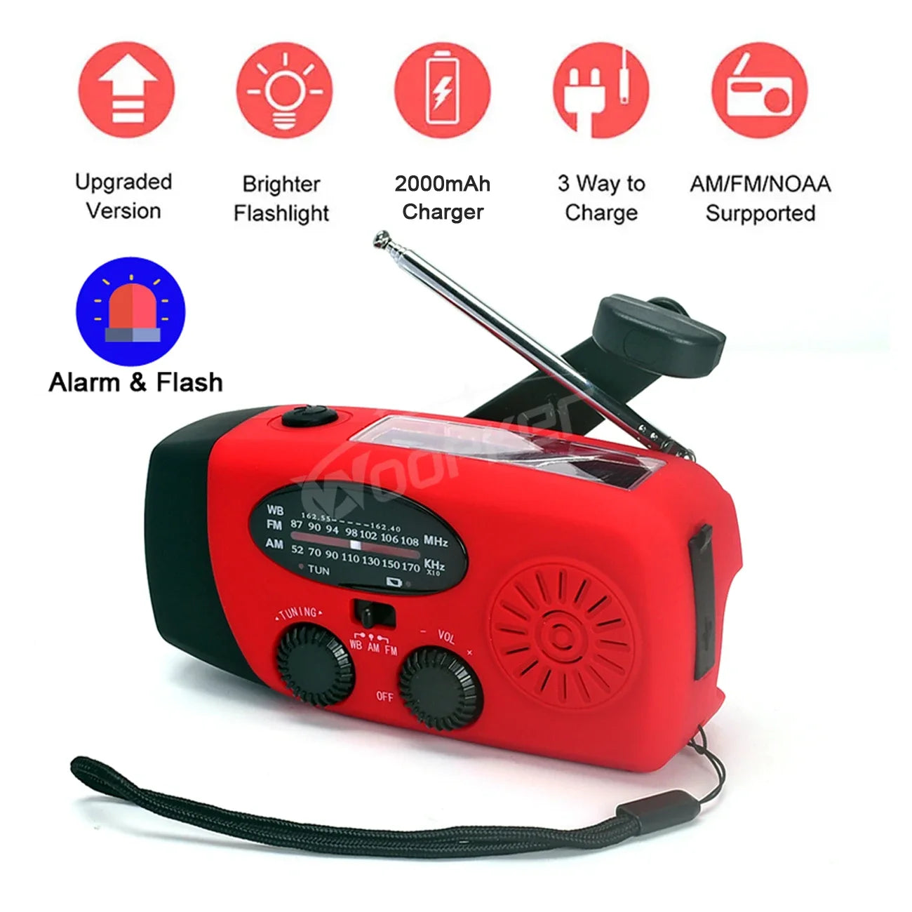E04 Upgrade Multifunction Radio Solar LED Lamp Hand Crank FM /AM /NOAA WB Weather Radios Emergency Flashlight 2000mAh Power Bank