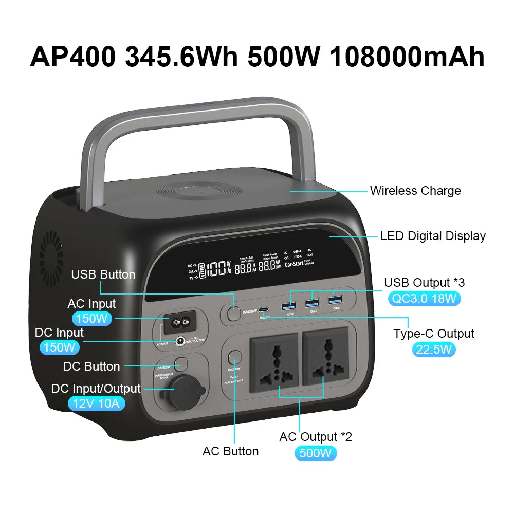 500W 200W Power Station Outdoor Portable Solar Power 345.6Wh LiFePo4 Battery Powerful Power Bank Energy Storage Supply Camping