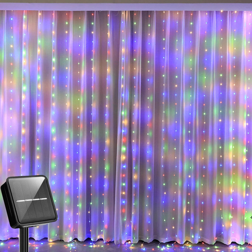 Solar Curtain Light LED Outdoor Waterproof 300leds Garland Decoration String Lights Yard Christmas Fairy Garland String Lights