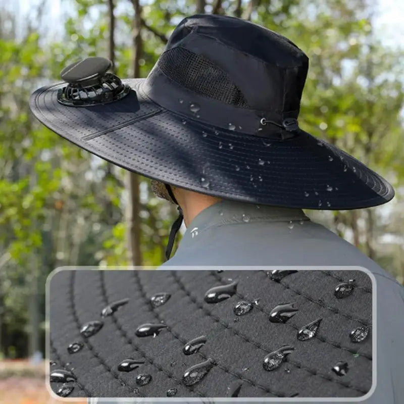 Wide Brim Solar Fan Hat UPF 50 Bucket Fishing Hat With Fan Built In UV-Blocking Fishing Sunhat For Traveling Farming Hiking