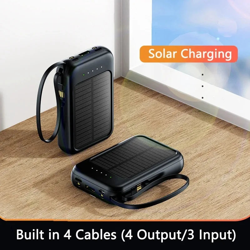 80000mAh Portable Solar Power Bank 4 in 1 Built in Cables Comes with LED Lights Mini External Battery Charger For Xiaomi iPhone