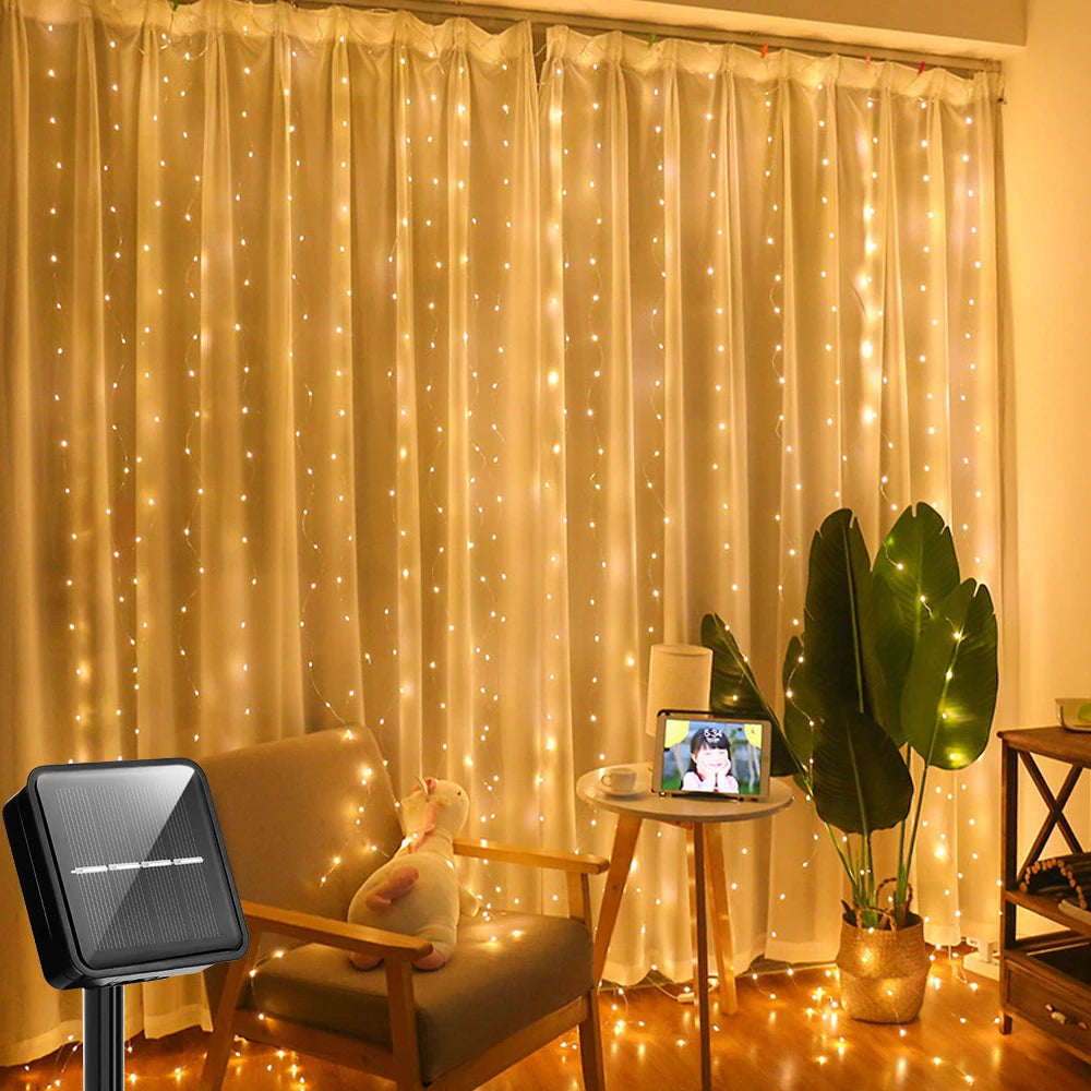 Solar Curtain Light LED Outdoor Waterproof 300leds Garland Decoration String Lights Yard Christmas Fairy Garland String Lights