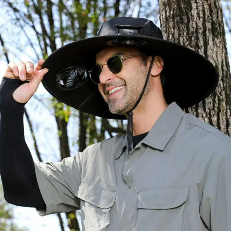 Wide Brim Solar Fan Hat UPF 50 Bucket Fishing Hat With Fan Built In UV-Blocking Fishing Sunhat For Traveling Farming Hiking