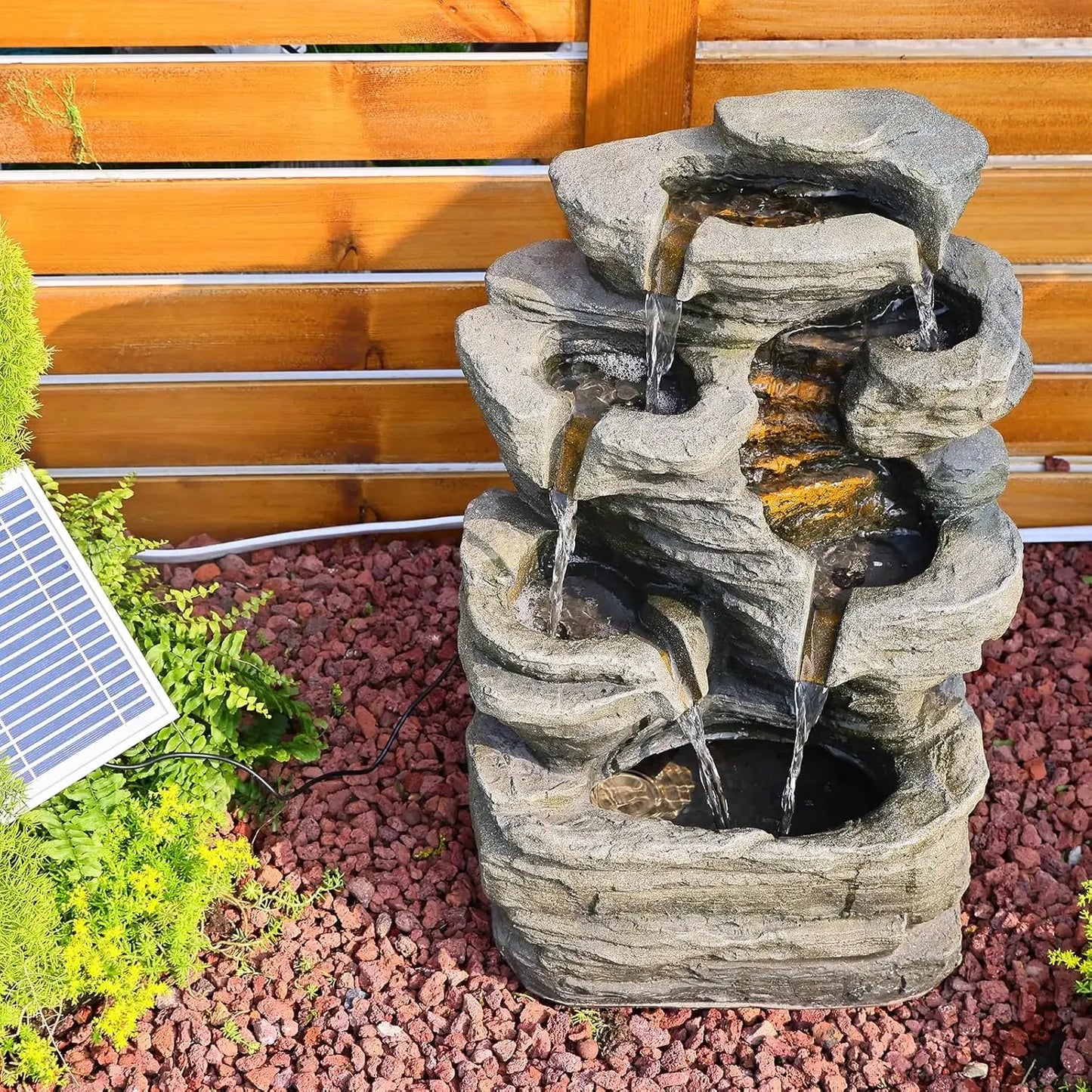 6 Tier Cascading Rock Solar Water Fountain Outdoor Garden Waterfall Decor for Garden, Patio, Backyard, Deck, Porch and Home Art
