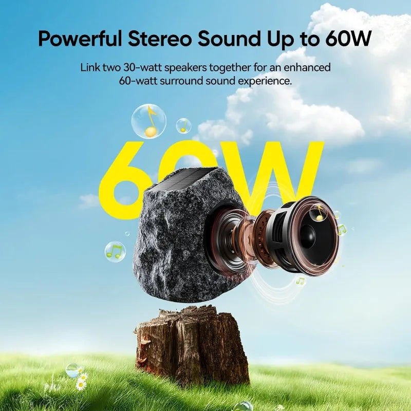 Outdoor Rock Speaker 60W Deep Bass Multi-Sync up to 100 Speakers Auto-Pairing, IPX7 Waterproof Solar-Powered Bluetooth