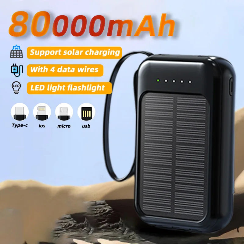 80000mAh Portable Solar Power Bank 4 in 1 Built in Cables Comes with LED Lights Mini External Battery Charger For Xiaomi iPhone