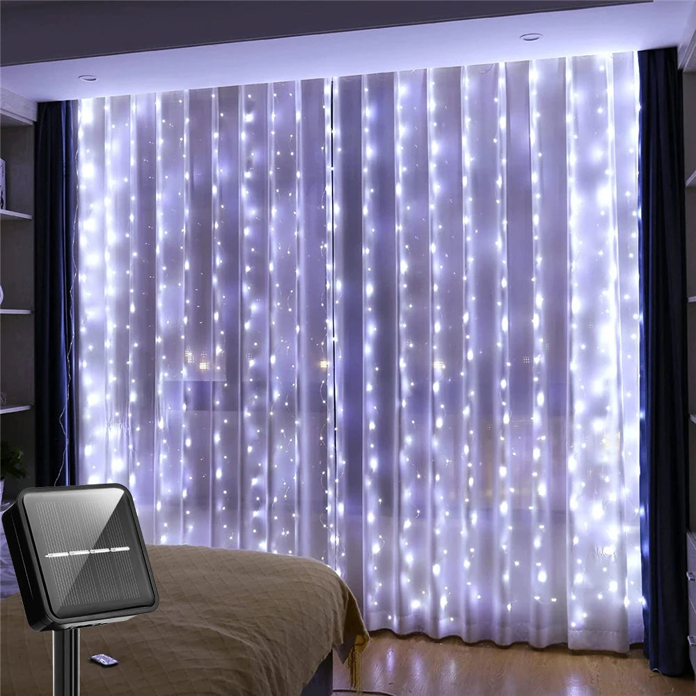 Solar Curtain Light LED Outdoor Waterproof 300leds Garland Decoration String Lights Yard Christmas Fairy Garland String Lights