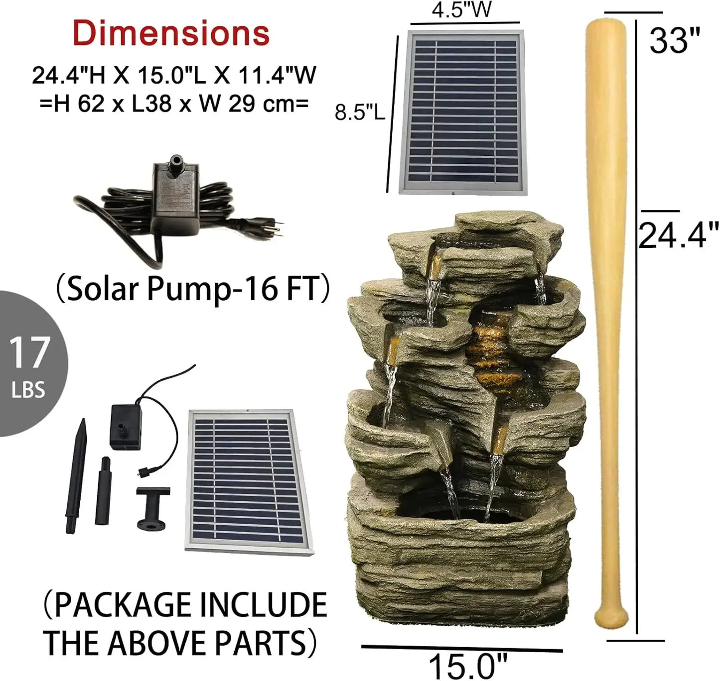 6 Tier Cascading Rock Solar Water Fountain Outdoor Garden Waterfall Decor for Garden, Patio, Backyard, Deck, Porch and Home Art