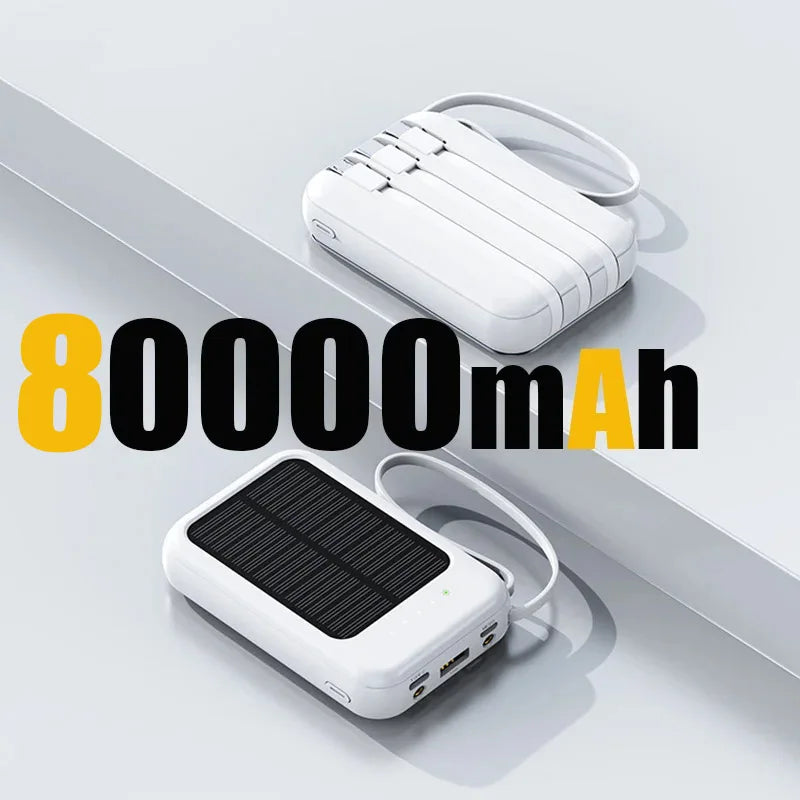 80000mAh Portable Solar Power Bank 4 in 1 Built in Cables Comes with LED Lights Mini External Battery Charger For Xiaomi iPhone