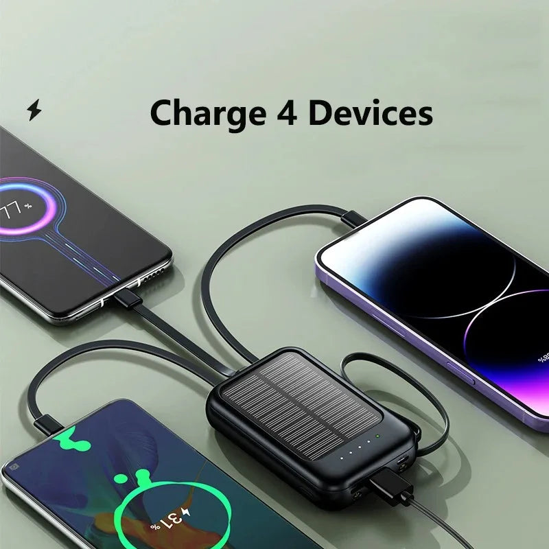 80000mAh Portable Solar Power Bank 4 in 1 Built in Cables Comes with LED Lights Mini External Battery Charger For Xiaomi iPhone