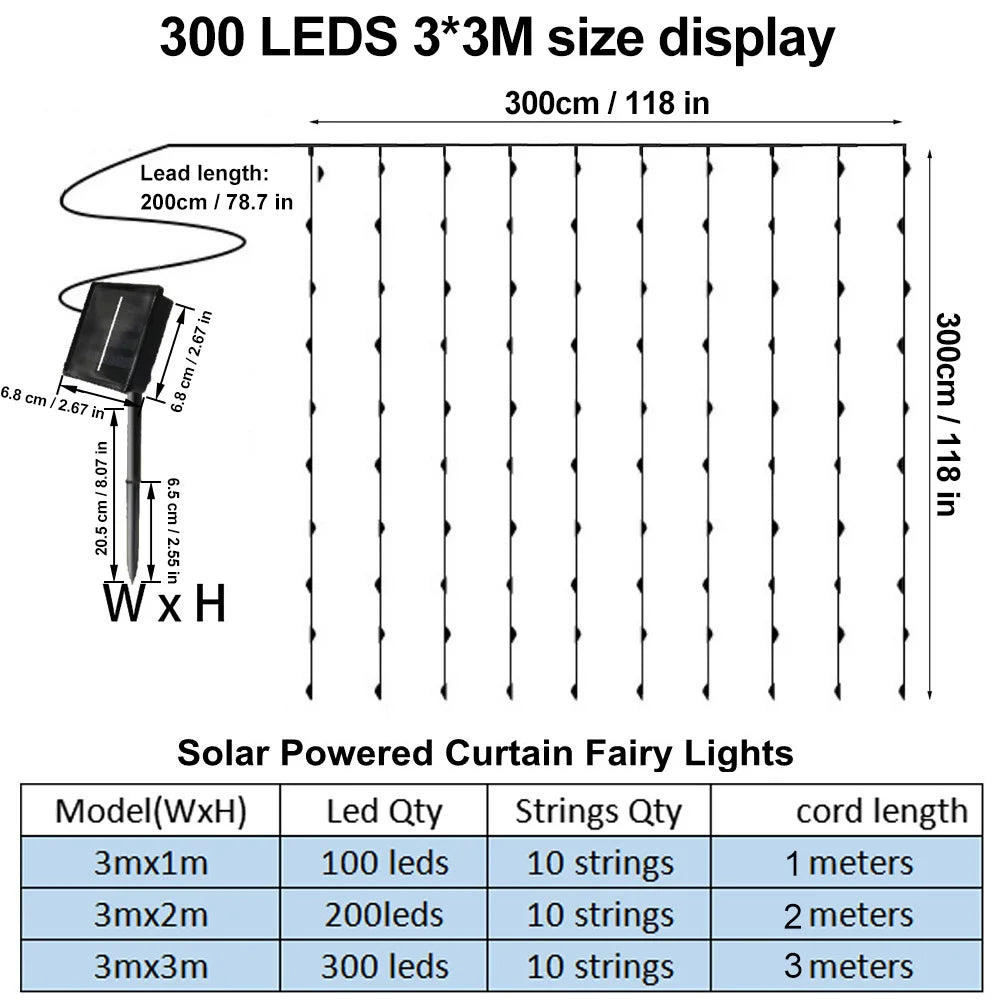 Solar Curtain Light LED Outdoor Waterproof 300leds Garland Decoration String Lights Yard Christmas Fairy Garland String Lights