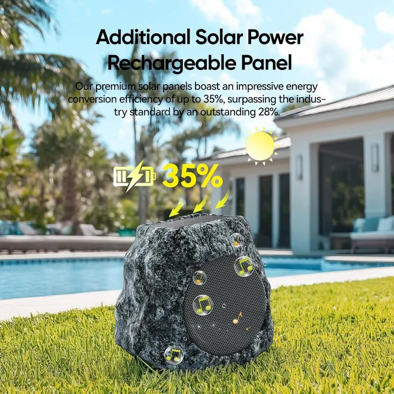 Outdoor Rock Speaker 60W Deep Bass Multi-Sync up to 100 Speakers Auto-Pairing, IPX7 Waterproof Solar-Powered Bluetooth