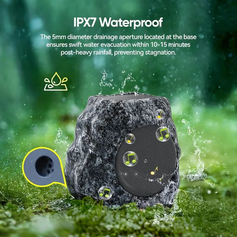 Outdoor Rock Speaker 60W Deep Bass Multi-Sync up to 100 Speakers Auto-Pairing, IPX7 Waterproof Solar-Powered Bluetooth