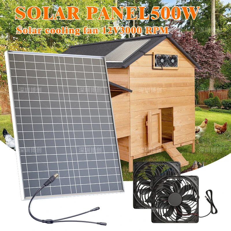 500W Solar Powered Fan Portable Rechargeable Battery Operated Fan with Panel USB Charging for Outdoor Camping Travel Home