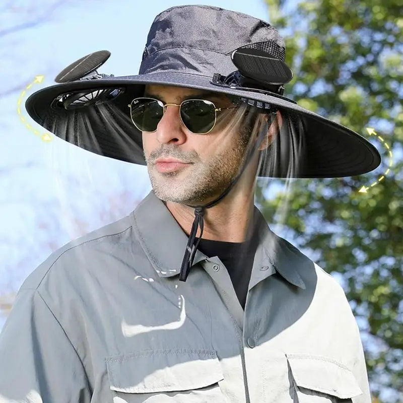 Wide Brim Solar Fan Hat UPF 50 Bucket Fishing Hat With Fan Built In UV-Blocking Fishing Sunhat For Traveling Farming Hiking