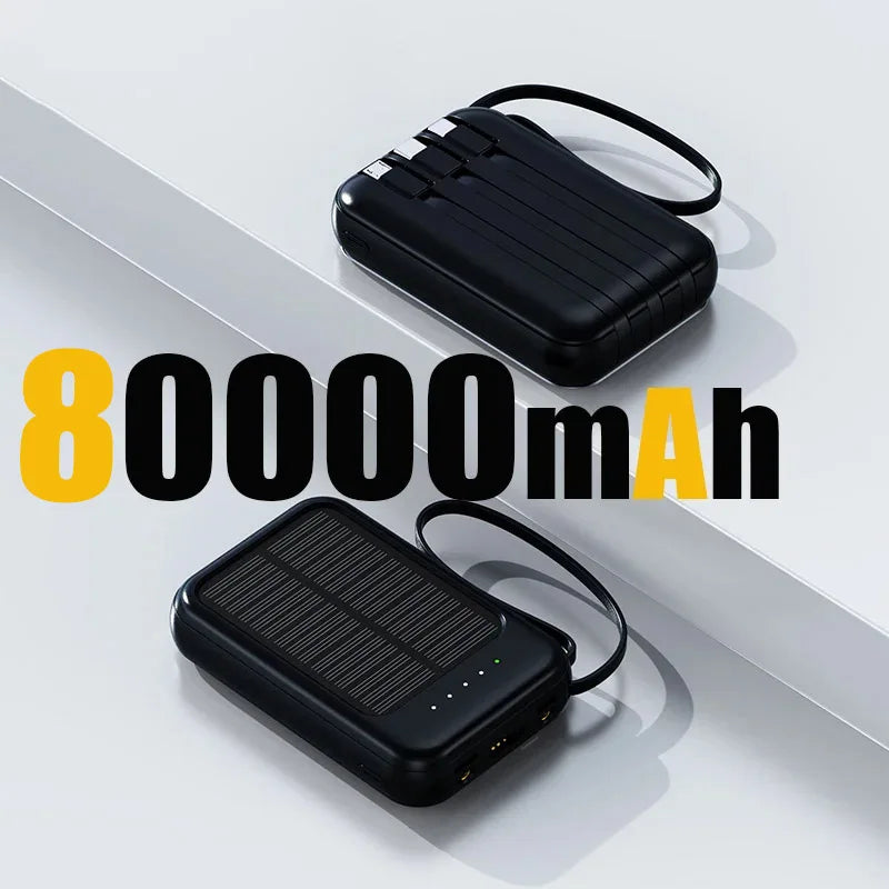 80000mAh Portable Solar Power Bank 4 in 1 Built in Cables Comes with LED Lights Mini External Battery Charger For Xiaomi iPhone