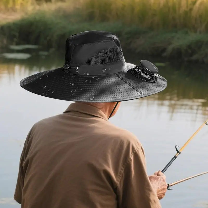 Wide Brim Solar Fan Hat UPF 50 Bucket Fishing Hat With Fan Built In UV-Blocking Fishing Sunhat For Traveling Farming Hiking
