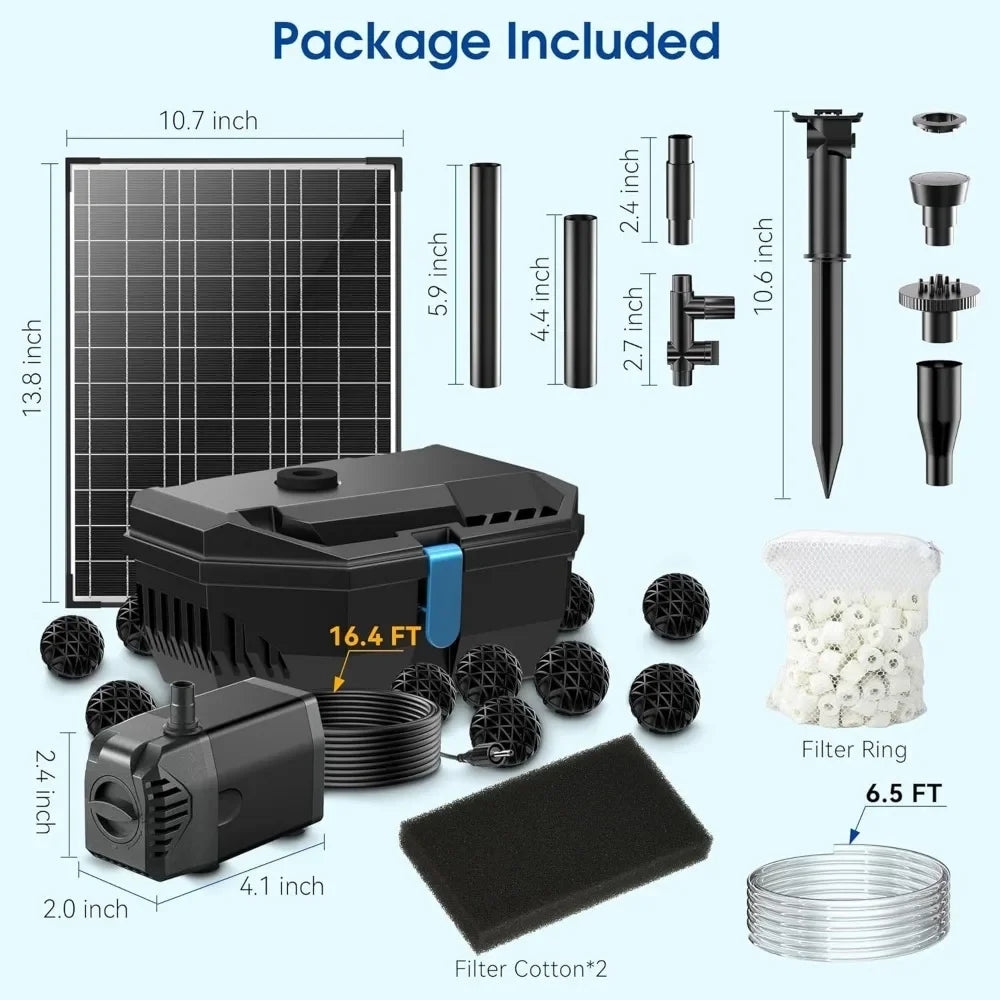 Pond Filter with 20W Solar Panel, 120 GPH Solar Water Pump, 4 Sprayers for Outdoor Pond, Fish Tank and Garden Water Features