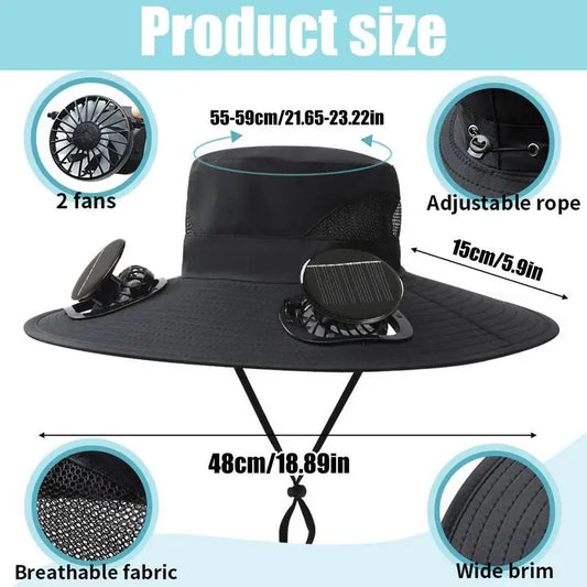 Wide Brim Solar Fan Hat UPF 50 Bucket Fishing Hat With Fan Built In UV-Blocking Fishing Sunhat For Traveling Farming Hiking