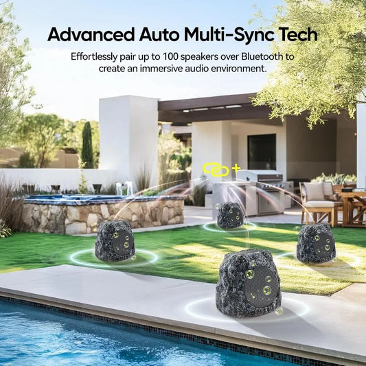 Outdoor Rock Speaker 60W Deep Bass Multi-Sync up to 100 Speakers Auto-Pairing, IPX7 Waterproof Solar-Powered Bluetooth